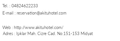 Akitu Hotel telefon numaralar, faks, e-mail, posta adresi ve iletiim bilgileri
